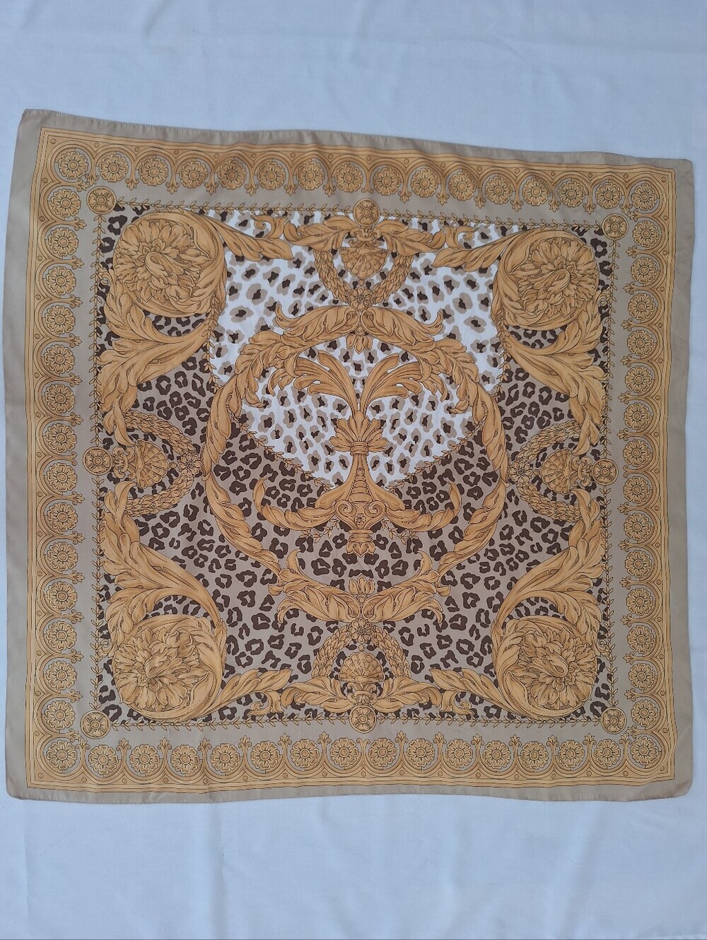 Baroque Leopard Print Square Scarf in Gold and Brown